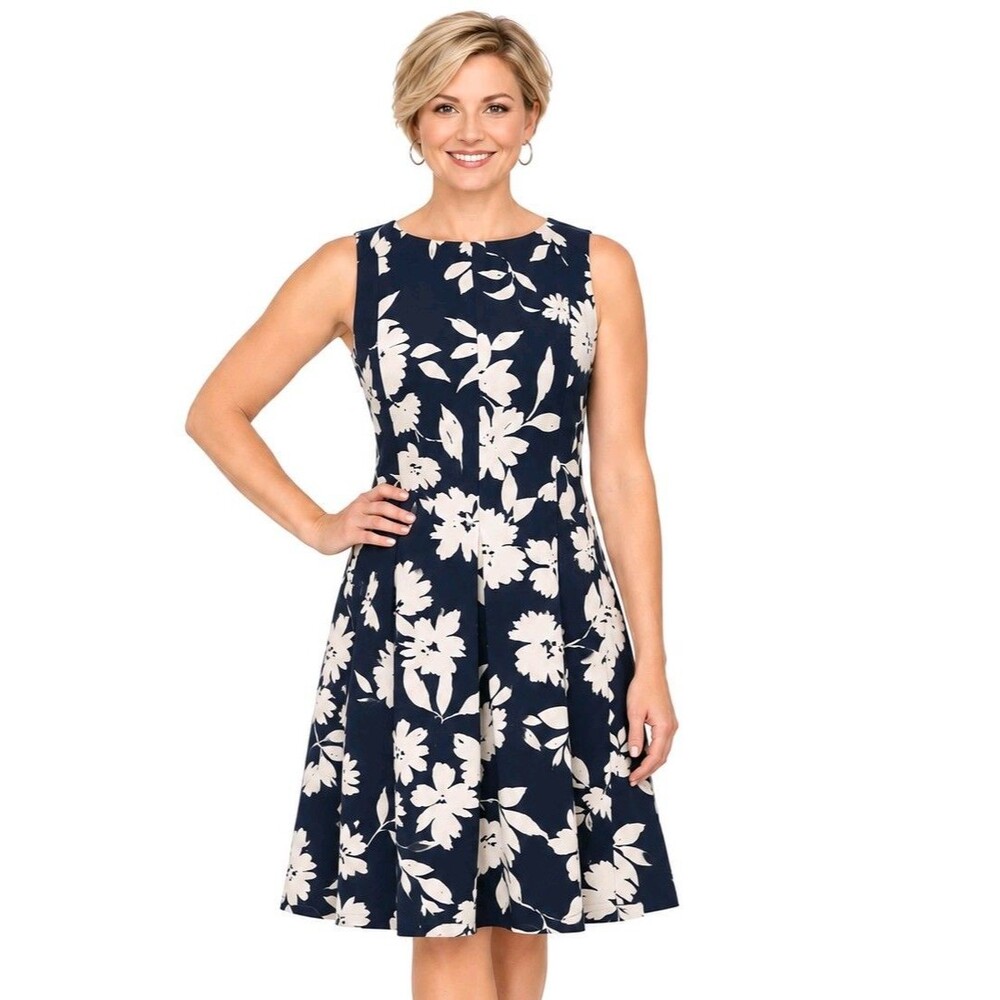 db Established Womens Dress 12 Navy Beige Floral Fit Flare Pleated Sleeveless